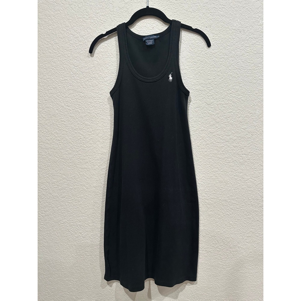 Ralph Lauren Womens Black Ribbed Cotton Tank Dress White Pony Logo Small